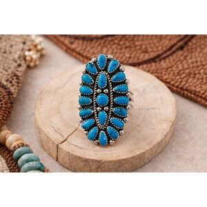 Navajo Turquoise Cluster Ring Native American Sterling Silver Jewelry Sz 8.5 **